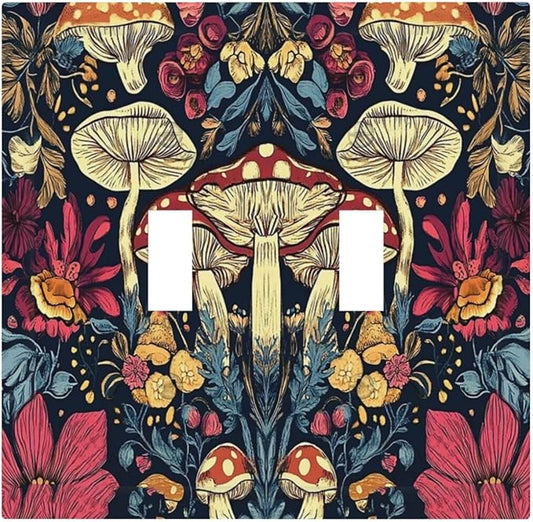 Decorative Switch Plate Covers Coloful Red Yellow Orange Magical Mushroom Forest 2 Gang Double Toggle Light Switch Cover Plate Electrical Wall Plate Outlet Cover for Bedroom Home Decor