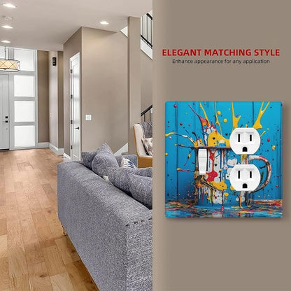 Decorative Outlet Covers Colorful Paint Splatters Blue Wood Plank 2 Gang Wall Plate Cover Single Toggle Duplex Combo Two Switch Light Switch Cover Plate Jumbo Faceplate