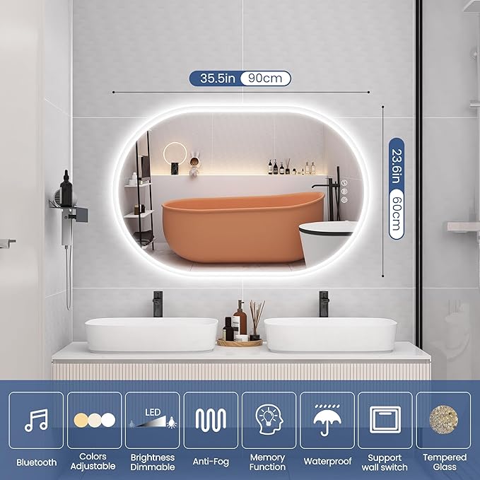 STARLEAD 24"x36" LED-Bathroom-Mirror-with-Lights, Wall-Mounted with Bluetooth Speaker, Anti-Fog, 3 Color Temperature, Dimmable Brightness, Waterproof, Tempered Glass, Frontlit & Backlit, Oval