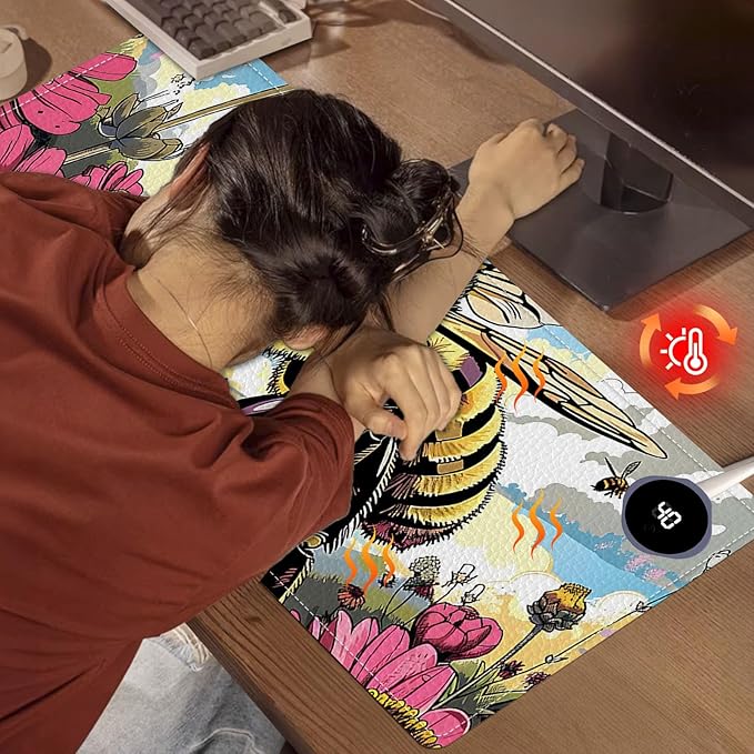 Heated Mouse Pad, Warm Desk Pad, Keyboard Mat 31.5 x 13 Inch Large Size Intelligent Fast Heating, 3 Speed Adjustable, Timed Auto Power Off for Game Office Home,Bees Collect Honey
