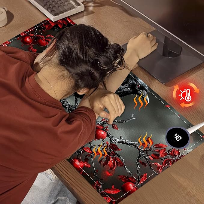 Heated Mouse Pad 23.6 x 14 in 3-Temp Fast Heating Desk Mat with Auto Timer Warmer for Hands Wrist Pain Relief Waterproof Keyboard Mat for Office, Gaming, Home, Raven Red Berries
