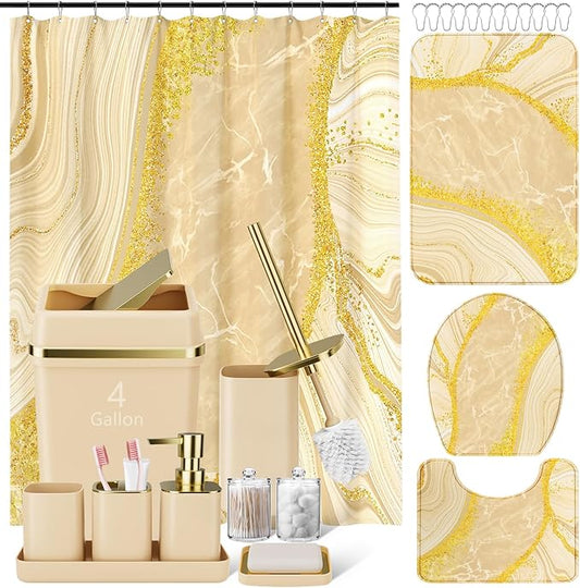 25PCS Bathroom Accessory Set, Beige Bathroom Set with Large-Capacity 4 Gallon Trash Can,Bathroom Rugs Set, Waterproof Shower Curtain, Toilet Brush, Toothbrush Holder & Soap Dispenser