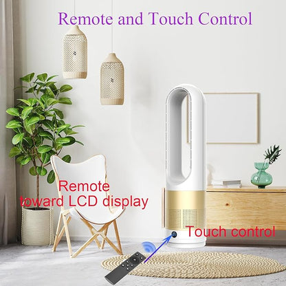 Bladeless Heater and Fan Combo, 1400 Watt Heater Fan and 40 Watt Cold Fan, 80° Oscillating Fan, All the Season Use, Remote and Touch Control, Floor Tower fan, Office Room, Bedroom, Silver Gold