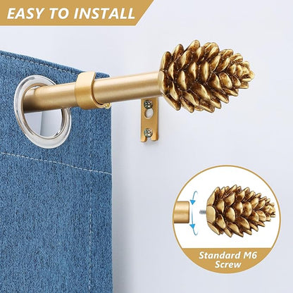 Gold Curtain Rods for Windows 66 to 120 Inches, 1 Inch Diameter Heavy Duty Single Curtain Rod, Adjustable Window Curtain Rod Drapery Rod with Decorative Finials