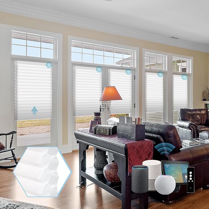 SmartWings Motorized Cellular Shades with Remote, Customized Electric Cordles Honeycomb Blinds Compatible with Alexa/Homekit/Google for Windows, 80% Blackout Double Cell White