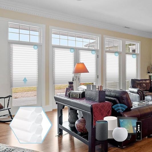 SmartWings Motorized Cellular Shades with Remote, Customized Electric Cordles Honeycomb Blinds Compatible with Alexa/Homekit/Google for Windows, 80% Blackout Double Cell White
