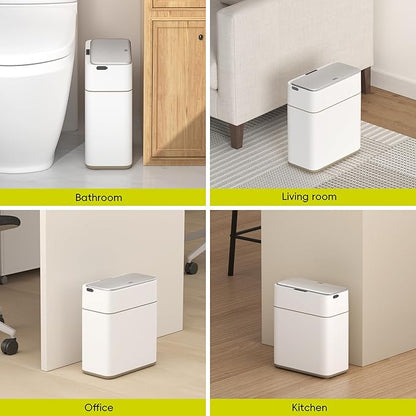 EKO Automatic Bathroom Trash Can with Lid, 2.1 Gallon Touchless Garbage Bin with Removable Bucket, Slim Stainless Steel Garbage Bin, Motion Sensor Trash Can for Bathroom, Bedroom, Office, White