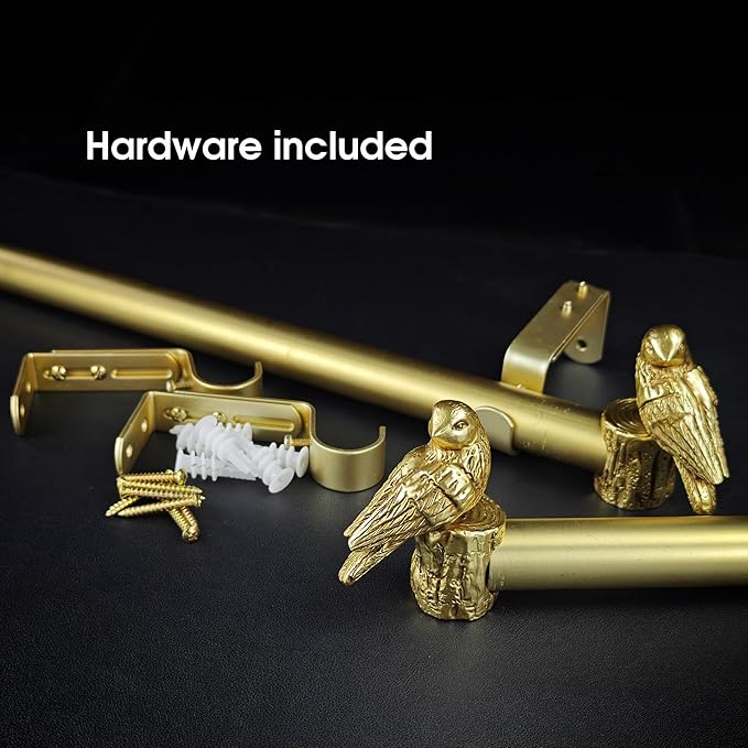 1-1/8 Inch Diameter Brushed Gold Curtain Rod with Bird Design Finials, 72-144'' Telescoping Single Curtain Rods for window width 68-140 inch, 1 pack