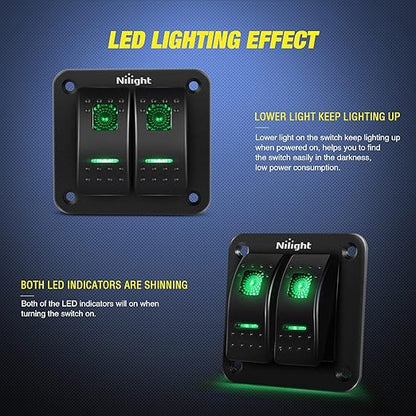 Nilight 2 Gang Rocker Switch Panel 12V 24V DC Green Switches Aluminum Panel 5Pin ON Off PreWired Toggle Switch Panel Waterproof for Cars Boats ATVs UTVs,2 Years Warranty