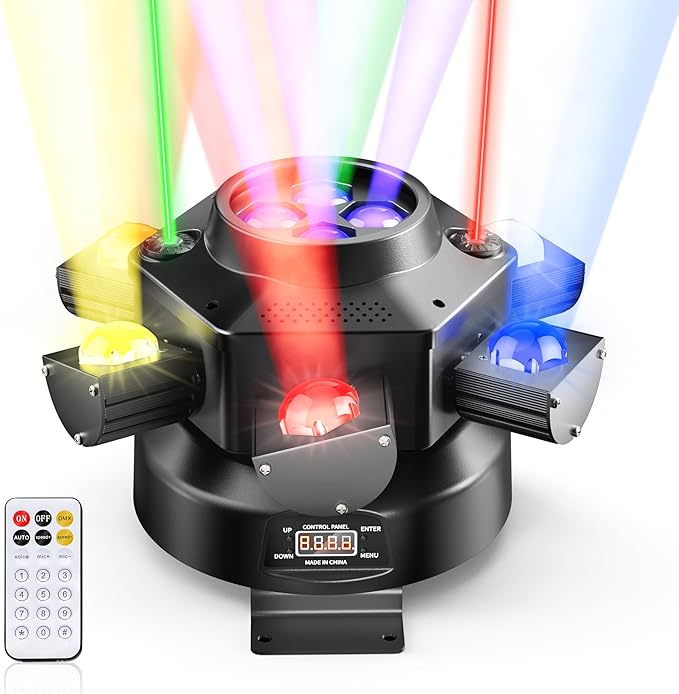 Moving Head DJ Lights, 150W Quality Metal Construction 6 Arms Disco Stage Light with RGBW 4-in-1 LED, DMX-512 & Sound Activation & Remote Control, Laser Party Lights for Bar, Wedding, Club Live House