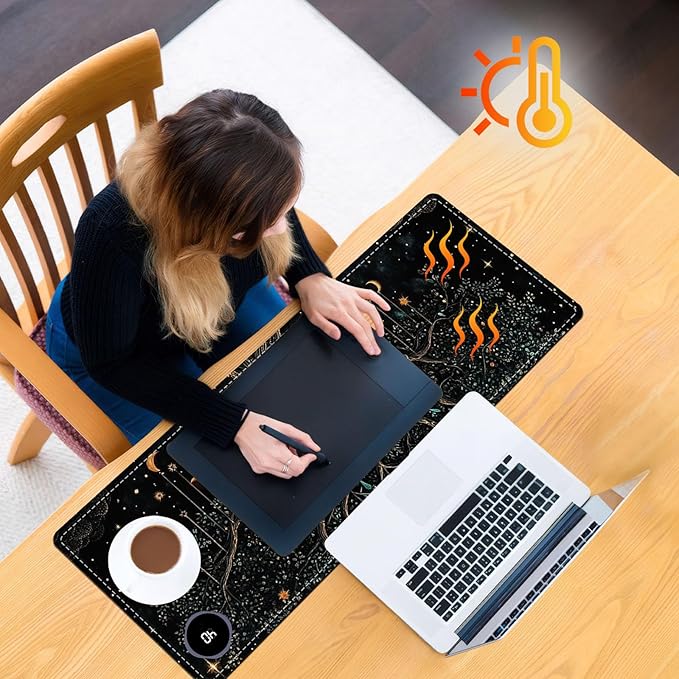 Heated Mouse Pad 31.5x13 in 3-Temp Fast Heating Desk Mat with Auto Timer Warmer for Hands Wrist Pain Relief Waterproof Keyboard Mat for Office, Gaming, Home, Moonlit Tree Art