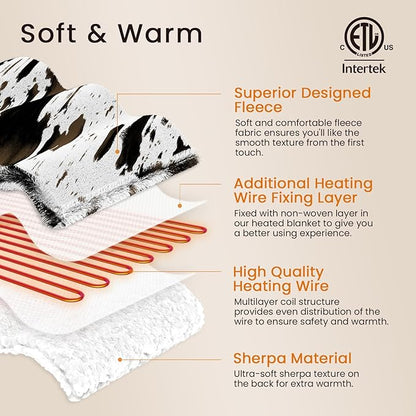 Cow Print Electric Heated Blanket Queen-Dual Control Heating Blanket Queen Size with 10 Heat Levels & 10 Hours Auto-Off, Cozy Soft Fleece Sherpa, Washable, 84x90 Inches Cow Print White