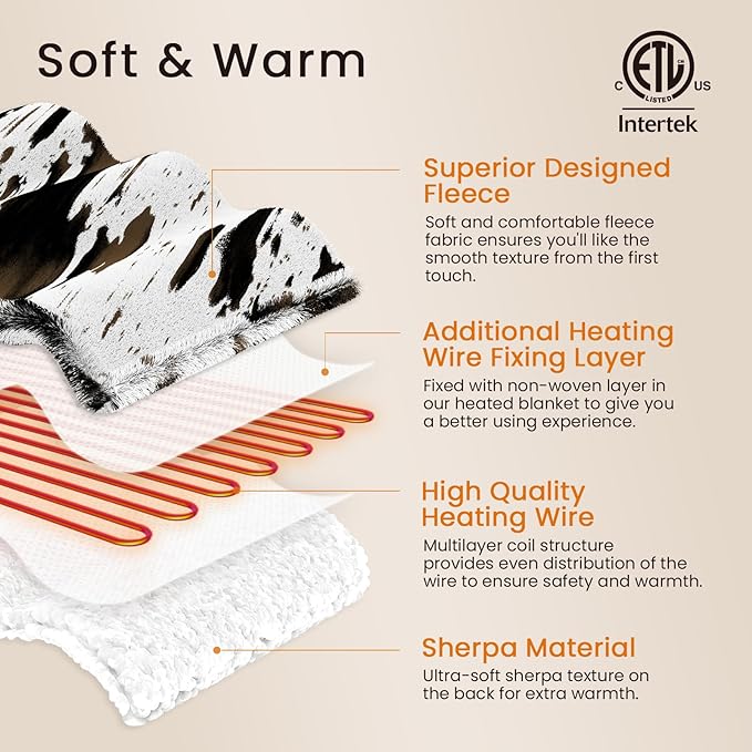 Cow Print Heated Electric Blanket King Size-Dual Control Heating Blanket King Size with 10 Heat Levels & 10 Hours Auto-Off, Cozy Soft Fleece Sherpa, Washable, 90x100 Inches Cow Print White