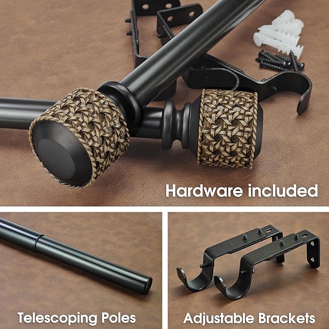 1-1/8 Inch Diameter Dark Bronze Curtain Rods with Faux Rattan Cane Woven Finials, 36-72'' Telescoping Single Curtain Rods for window width 24-68 inch, 1 pack