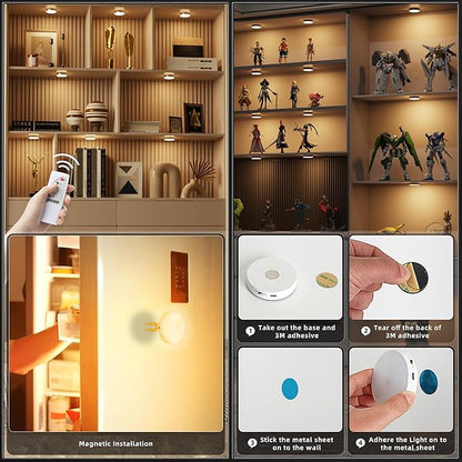 Puck Lights with Remote Control, Under Cabinet Lighting with Magnetic, Cordless, 1200mAh Rechargeable Stick On Lights for Under Cabinet, Hallway, Stairway, Closet (Warm White, 6pcs)