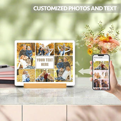 Custom Photo Prints - Metal Desktop Picture Frame with Photos Collage & Text & Wooden Base Personalized Gifts for Family Lovers Pets and Friends, Optional Multiple Sizes