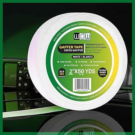 Wow Gaffers Tape 2 Inch White - 50 Yards, Residue Free, Non-Reflective & Heavy-Duty - Professional Grade Gaff Tape - Ideal for Photography Backdrop, Cables, Cords & Floor Taping