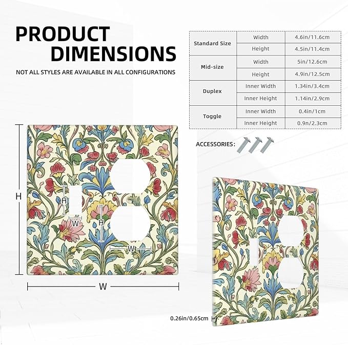 Wallplates Boho Red Floral Morris Plant Leaves 1 Toggle 1 Duplex Switch Plate Electrical Gfci Faceplate Decorative Light Switch Covers For Farmhouse Cabin Decor