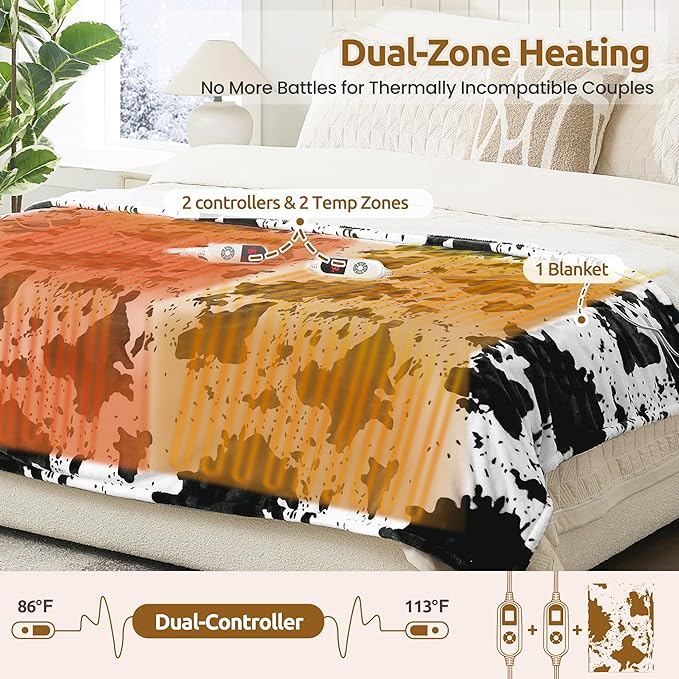 Electric Blanket Queen Size, Dual Control Heated Blanket with 6 Heat Settings, 1-12H Timer, Soft Sherpa & Flannel, Machine Washable, Black Cow Print, 84" x 90"