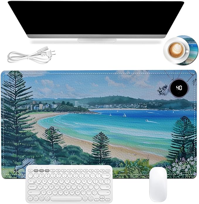 Heated Mouse Pad, Warm Desk Pad, Keyboard Mat 23.6 x 14 Inch Large Size Intelligent Fast Heating, 3 Speed Adjustable, Timed Auto Power Off for Game Office Home, Blue Sea Level Beach Woods