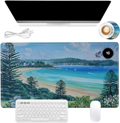 Heated Mouse Pad, Warm Desk Pad, Keyboard Mat 23.6 x 14 Inch Large Size Intelligent Fast Heating, 3 Speed Adjustable, Timed Auto Power Off for Game Office Home, Blue Sea Level Beach Woods