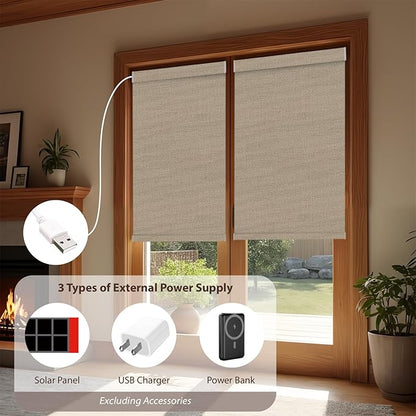 Motorized Roller Blinds with Remote, 100% Blackout Automatic Roller Shades for Bedroom, Bathroom, and Living Room, Customized Size, Coffee Beige
