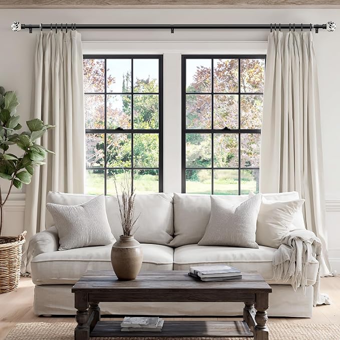 Ceramic Black Curtain Rods Set of 2 for Windows 48 to 84 Inches Adjustable Length Heavy Duty White Window Curtain Rod with Modern Leaf Pattern Decorative Finials for Bedroom Kitchen Living Room