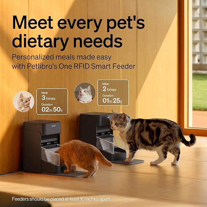 2 Packs PETLIBRO RFID Automatic Cat Feeder with 12 Packs Pet Food Desiccant Bag, Collar Sensor for Personalized Meals, Wi-Fi Programmable Food Dispenser with Cats Recognition & Diet Tracking