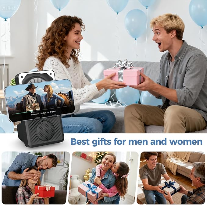 Wireless Induction Speaker, 5 in 1 Bluetooth Speaker with Cell Phone Stand, Phone Holder with Rechargeable Colorful Light and Alarm Clock for iPhone/Android/iPad, for Men Women（Black）