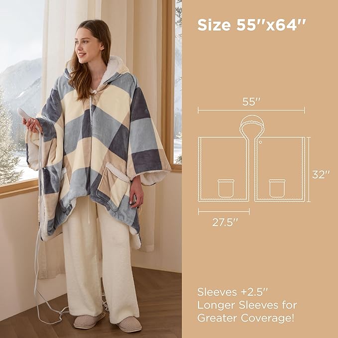 Bedsure Heated Blanket Wearable Shawl - Electric Wrap Poncho Blanket Hoodie Adult as Winter Gifts for Mom Women Girlfriend, Warm Sherpa Heating Throw, Auto Shut Off, 55x64 inches, Beige Plaid Pattern