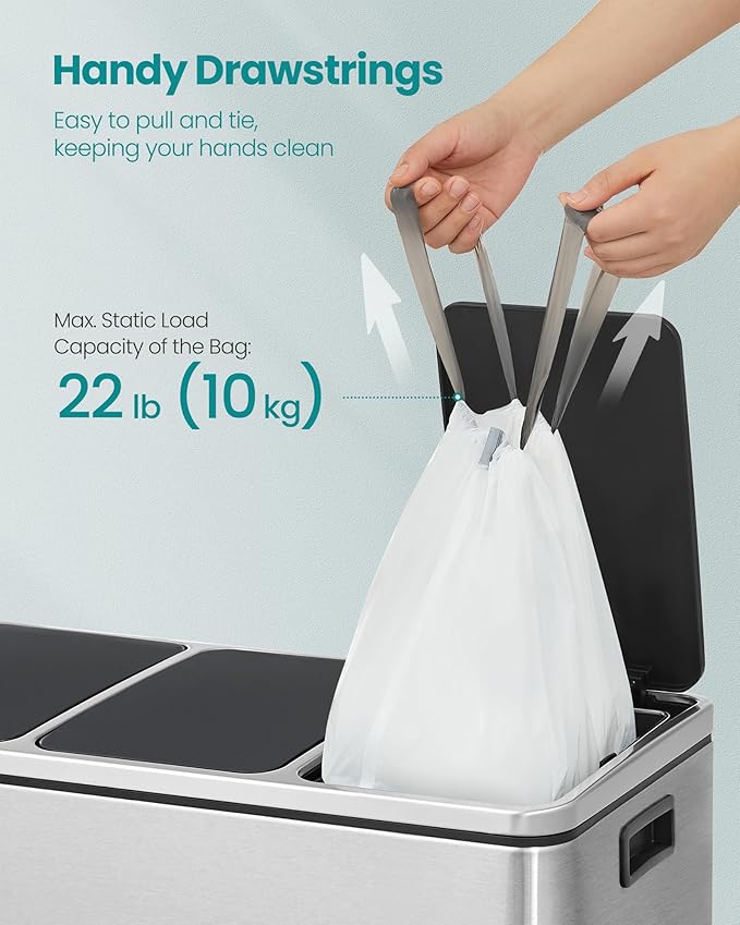 SONGMICS Trash Bags for 13-Gallon (50 L) Trash Cans, Drawstring Kitchen Garbage Bags, Pre-Separated, Quick-Dispense Box, Liner Code K, 4 Rolls, 160 Count, White UKRB051A04