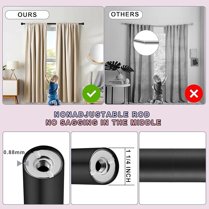Heavy Duty Curtain Rods,1 1/4" Large Diameter Premium Nonadjustable Curtain Rod,144in/12ft Custom Window Treatment Rods with Durable Aluminum Brackets and End Caps,Black Finish