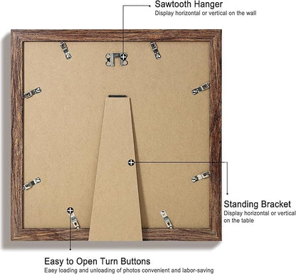 iRahmen 12x12 Picture Frame Set of 4 with Tempered Glass, Rustic Frame Display 10x10 Pictures with Mat or 12 x 12 Without Mat, Wood Square Photo Frames for Desktop Display and Wall Mounting