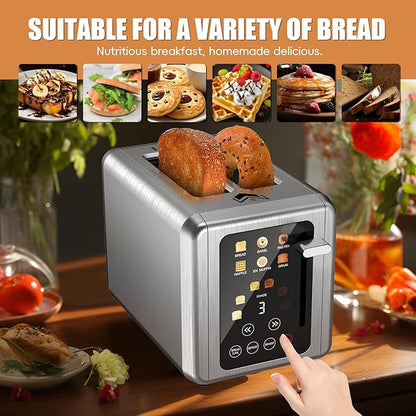 Touch screen Toaster 2 slice,Stainless Steel Digital Timer Toasters with Sound Function,6 Bread Types & 6 Shade Settings,Smart Extra Wide Slots Toaster with Bagel,Defrost Functions,Slate