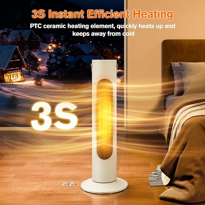 Electric Space Heaters For Indoor Use, 25" 2-IN-1 Tower Heater And Fan Combo, 70°Oscillating, 2S Instant Heating, 1500W, 3 Heating & Fan Modes,Electric Portable Heater For BedroomOfficeHome, Off White