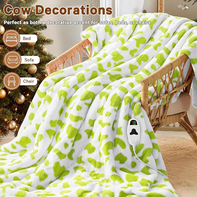 Green Cow Heated Electric Blanket Throw, 50X60 Heating Blanket with 10 Heats Levels & 8 Hours Auto Off, Cute Christmas Yoga Gifts for Women Teen Girls Mom Pets, Home Decor for Living Room Bedroom