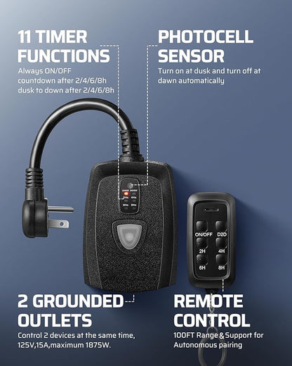 DEWENWILS Outdoor Timer Outlet Waterproof with 11 Modes, Outdoor Light Timer, 100FT Remote Control, for Christmas Outdoor Lights, Pump, Sprinkler, Fountain