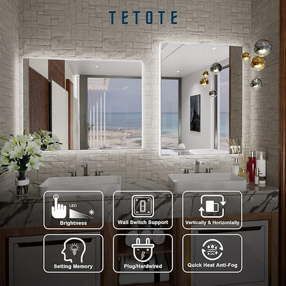 TETOTE 24 x 32 Inch LED Backlit Bathroom Vanity Mirror,Anti-Fog,Dimmable,CRI90+,Touch Button,Water Proof,Horizontal/Vertical Wall Mounted with Light