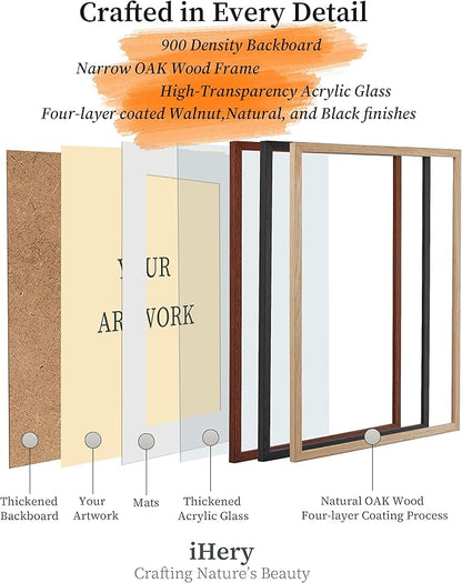 iHery Standard 18x24in Premium Truly Natural OAK Wood Walnut Color Picture Frame with 2 Mats (16x20,18x24), Acrylic Glass Thickened Backboard, Minimalist Photo Frames Narrow Border Set of 1