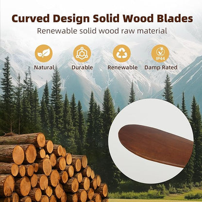 Outdoor Ceiling Fan Without Light, 60 Inch Smart Ceiling Fan with Remote & Voice Control for Alexa/Google, 3-Blade Wood Fan, Quiet DC Motor, 6 Speeds for Patio, Porch, Farmhouse, Dark Walnut