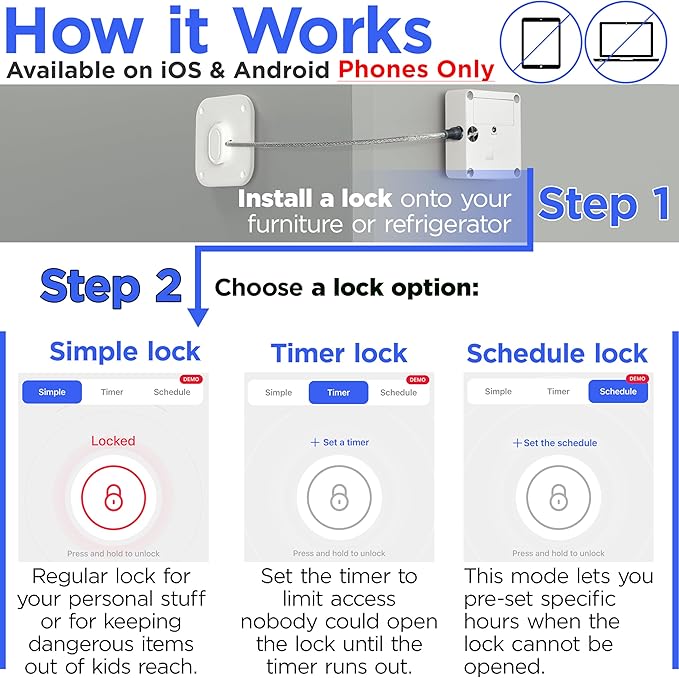 Bluetooth Lock for Fridge & Cabinets - Timed Lock Box to Reduce Access to Snacks, Food & Liquor - Smart App with Simple, Timer & Schedule Modes - Supports Focus & Healthy Habits