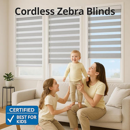 Shadesu Cordless Zebra Blinds for Windows, 45" W x 72" H, Grey, Dual Layer Free-Stop Zebra Shades, Light Control for Day and Night, Sheer Blinds for Indoor Windows, Bedroom, Kitchen