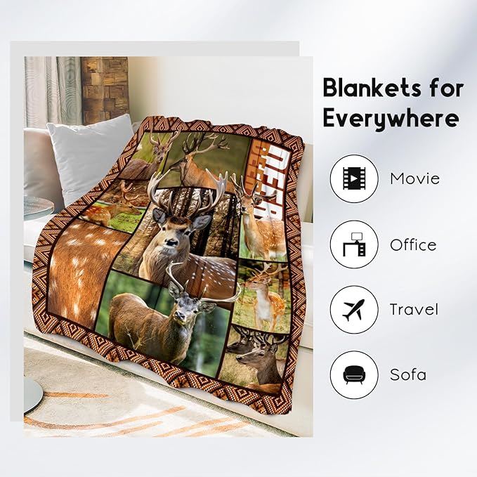 Blankets for Adults, Deer Blanket Gifts for Men Boys, 50"x60" Forest Western Throw Gift for Hunters - Soft, Fuzzy & Cozy Deer Throws Farmhouse Decor