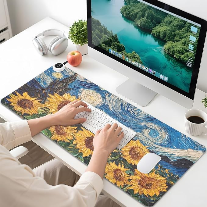 Heated Desk Pad Mouse Pad 31.5x13 Inch PU Leather Desk Mat with 3 Heat Levels Large Mouse Gaming Computer Laptop Mat Starry Night Blue Sunflowers