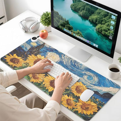 Heated Desk Pad Mouse Pad 31.5x13 Inch PU Leather Desk Mat with 3 Heat Levels Large Mouse Gaming Computer Laptop Mat Starry Night Blue Sunflowers