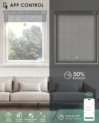 Yoolax Motorized Blinds with Remote, Light Filtering Smart Blinds Compatible with Alexa Google Home, Automatic Shades for Windows Living Room, Custom Size (50% Blackout V-Jungle Greyish White)