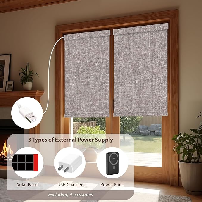 Motorized Roller Blinds with Remote, 100% Blackout Automatic Roller Shades for Bedroom, Bathroom, and Living Room, Customized Size, Cloud Shadow Brown