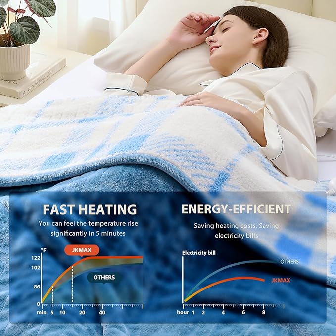 Heated Electric Blanket Twin Size - 62"x84" Flannel Heating Blanket with 10 Heating Levels & 5 Time Settings Over-Heat Protection, Winter Warmer for Adults with ETL Certification（Light Blue）