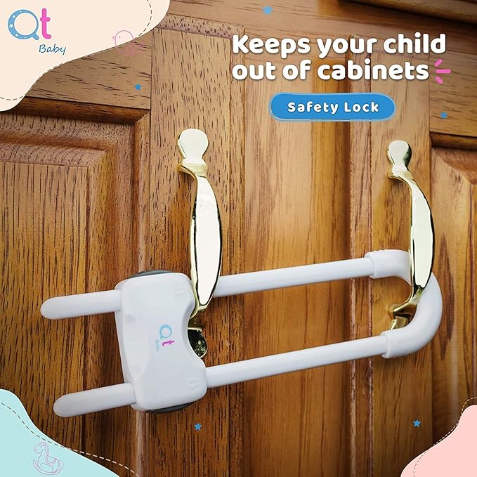 Baby Proofing Cabinet Locks | Adjustable U Shaped Baby Safety Latches for Drawers, Fridge, Closet |Modern Baby Proofing Cabinet Lock with Extra Secure Lock Buttons (Pack of 4, White)