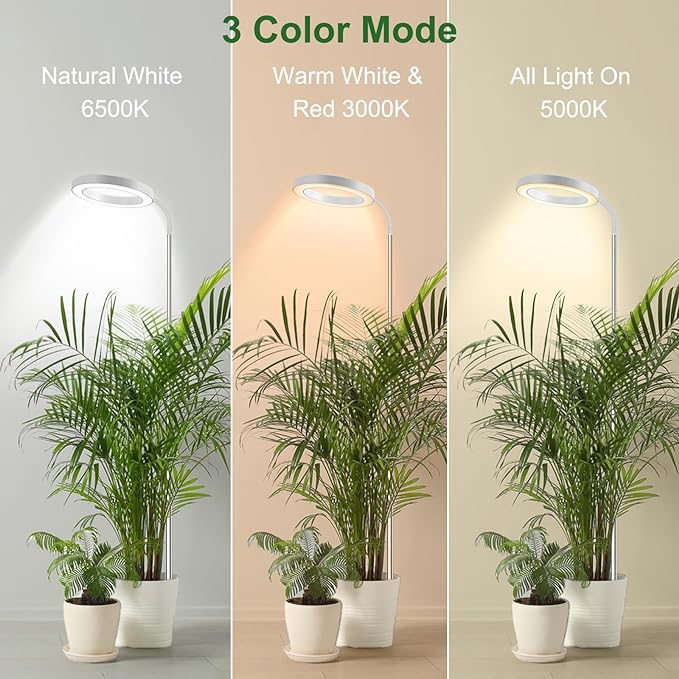 wolezek Grow Lights for Indoor Plants Full Spectrum, 80 LEDs 3 Colors Grow Light, 65in Plant Lights for Indoor Growing with 360°Gooseneck, 6/12/16H Timer, 5 Brightness, Height Adjustable, White Pair